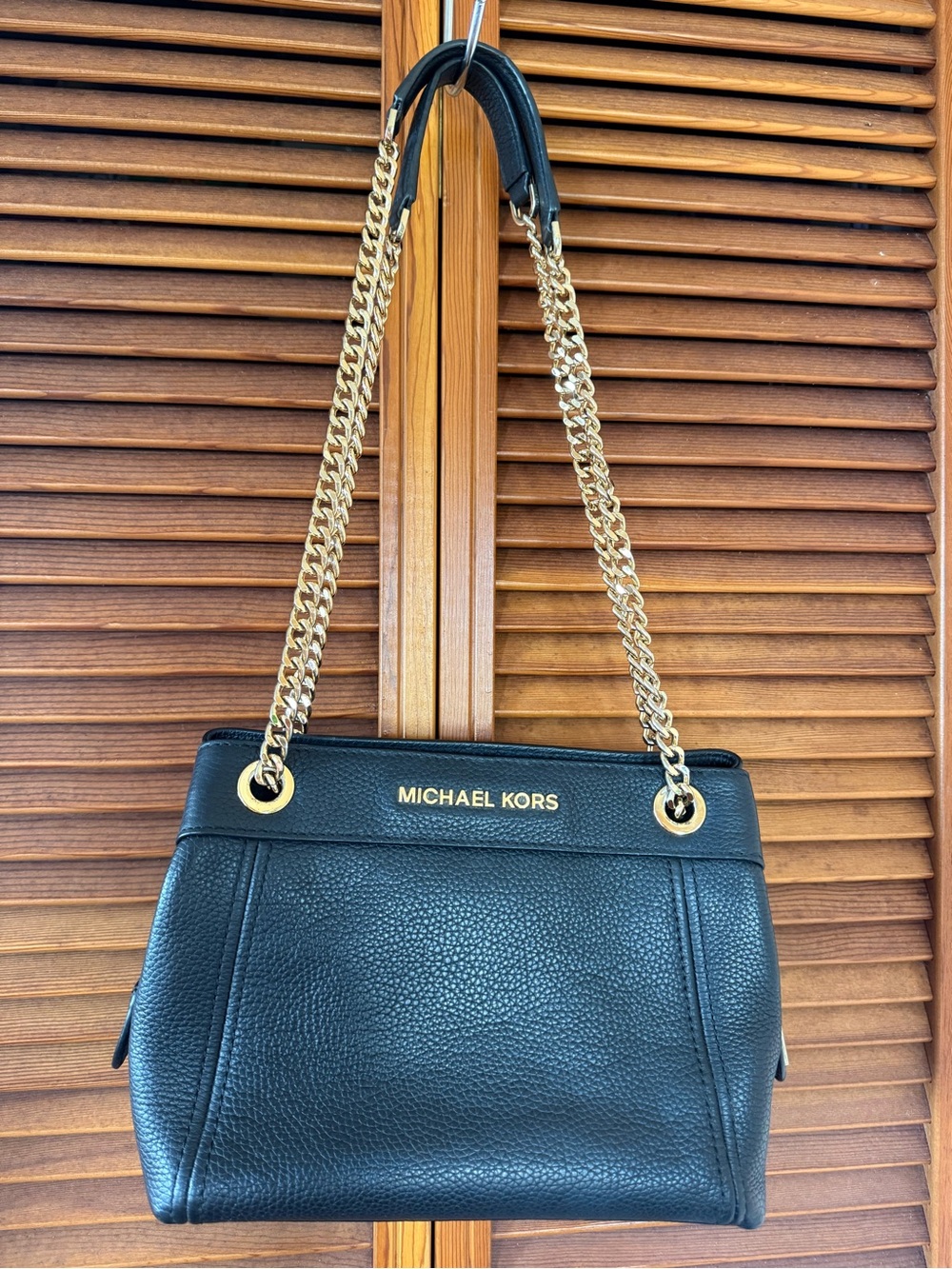 Michael Kors Black Pebbled Leather Shoulder Bag with Gold Chain Strap